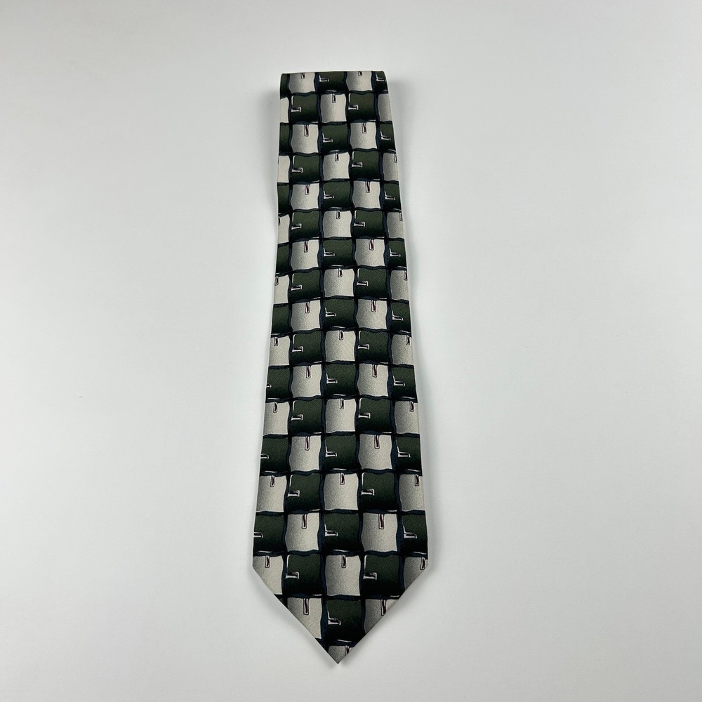 Vintage 1996 J. Garcia Ancient Writing Green Silver Geometric 100% Silk Tie